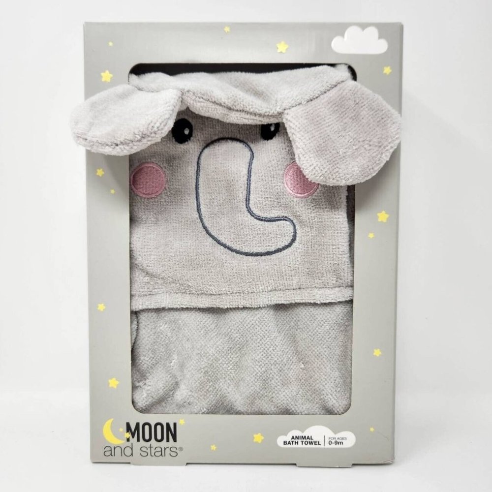 Moon and Stars Baby Hooded Bath Towel Elephant 100% Cotton 0-9 Months Gray